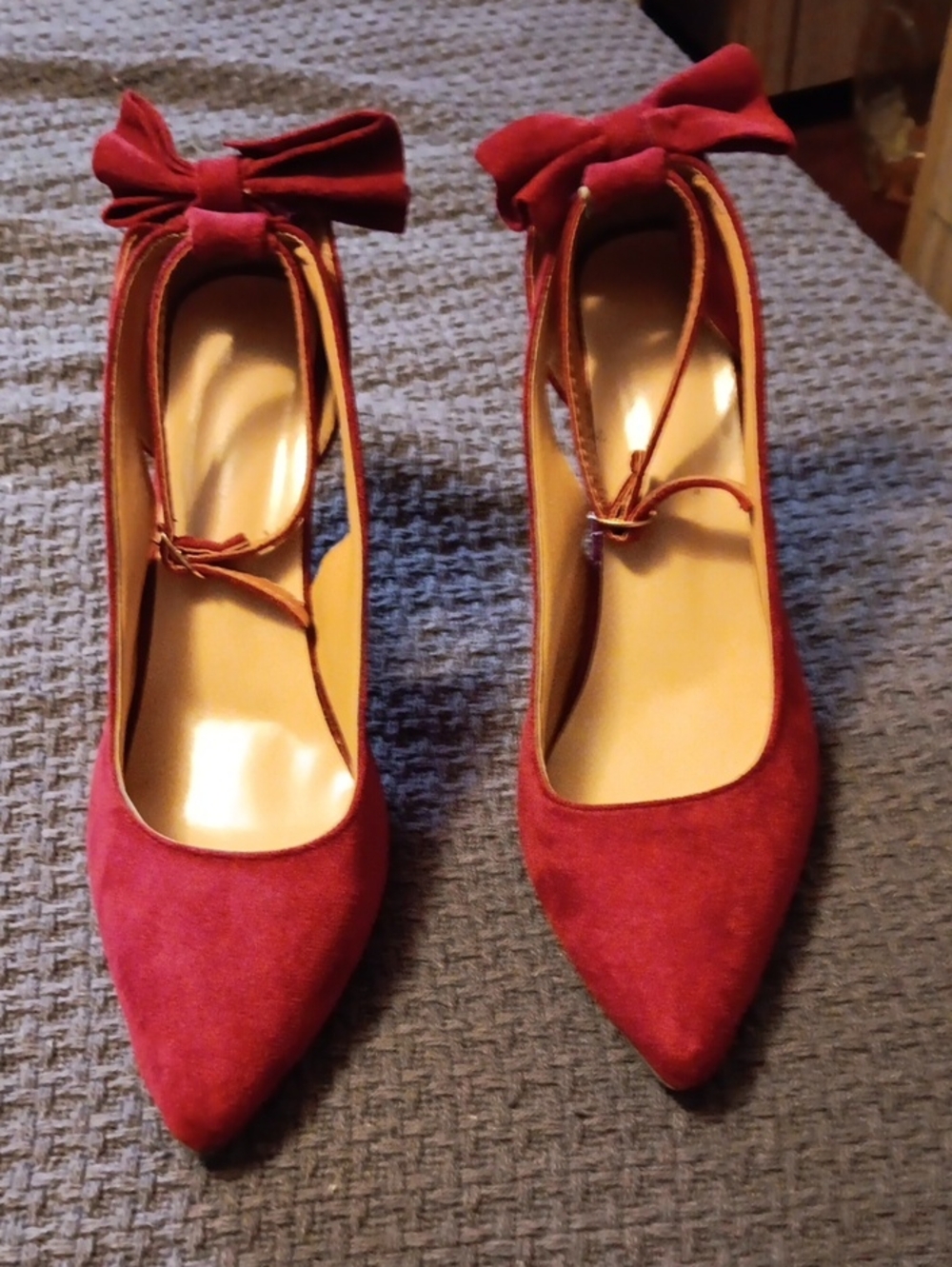 Red Suede Pointed-Toe Bow Ankle-Strap Pumps - Women